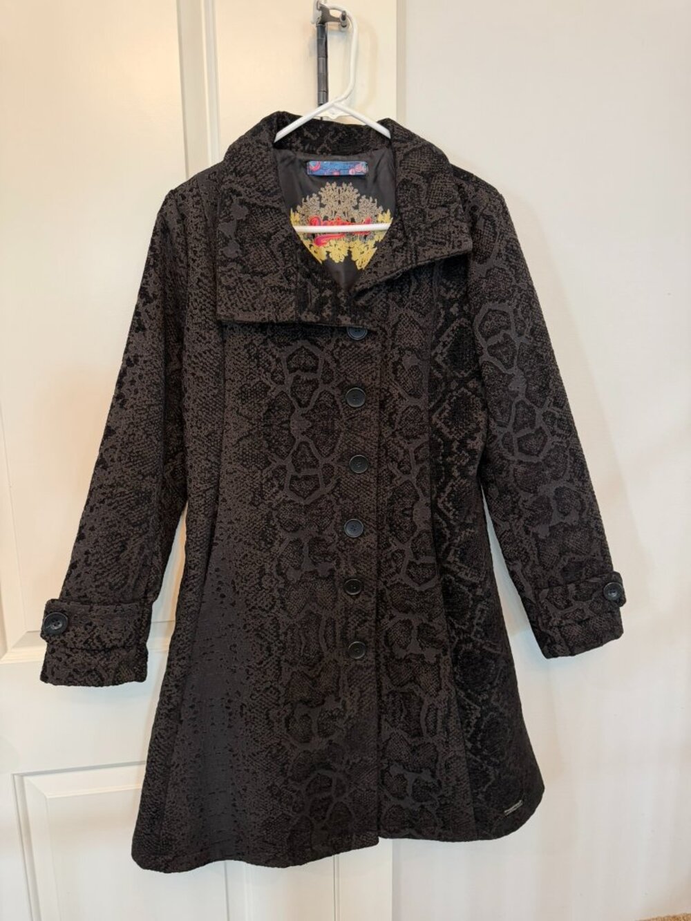 Desigual Black Snakeskin Print Swing Coat Size 40 | A-Line Statement Jacket